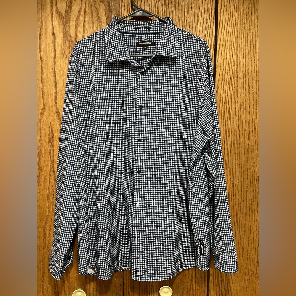Karl Lagerfeld Men's XL Long Sleeve Check Button-Up Shirt Blue White Cotton